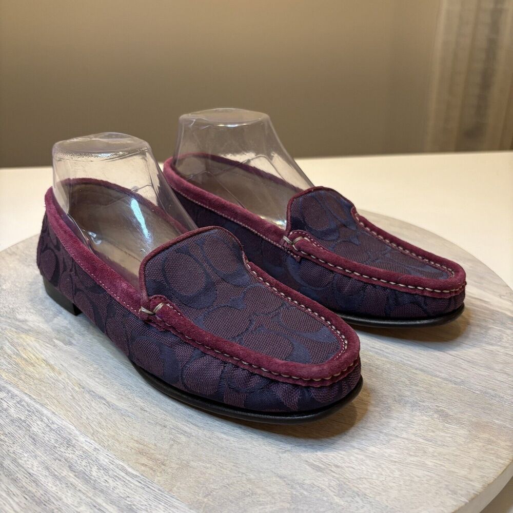 Coach Signature Jacquard Maroon Logo Women's Driving Shoes‎ Loafers US Size 6.5